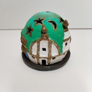 Unique Handmade Luminary Nicaraguan? Pottery Village Scene Candle Holder 3" Tall